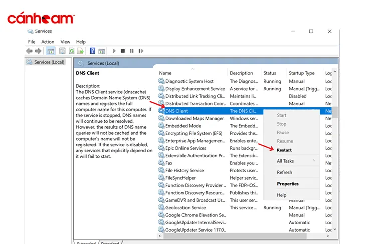 Restart DNS Client máy tính