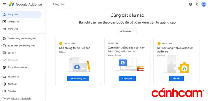 giao diện trang chủ của Google Adsense