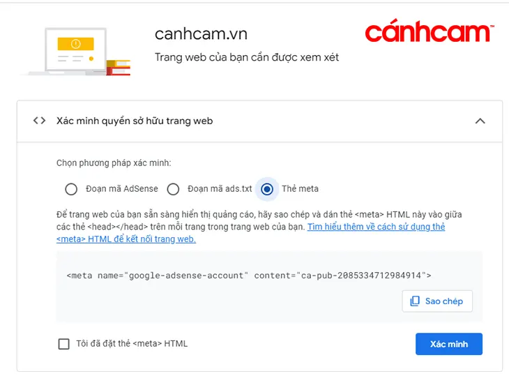 Xác minh quyền sở hữu trang web để đăng ký Google Adsense