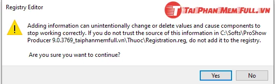 Hướng dẫn cài đặt Proshow Producer sử dụng miễn phí bước 3 chọn yes để tiếp tục thực thi file Registry