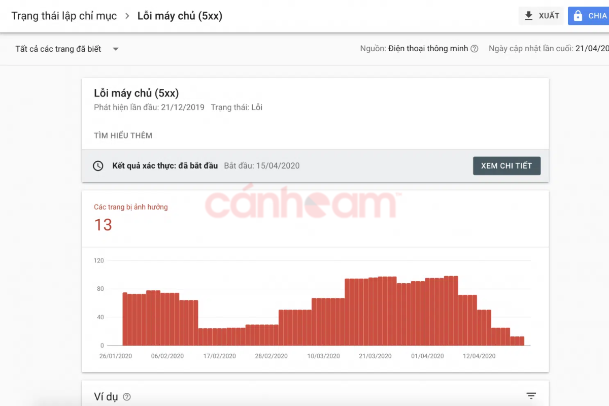 Ví dụ website bị cảnh báo 13 lỗi, trong đó có lỗi về máy chủ