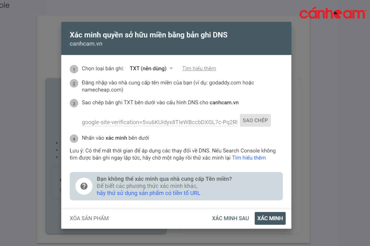 Cài đặt Google Search Console thông qua xác minh DNS