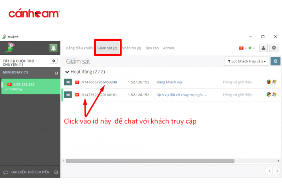 Bấm vào số ID tương ứng để chủ động trò chuyện với khách hàng