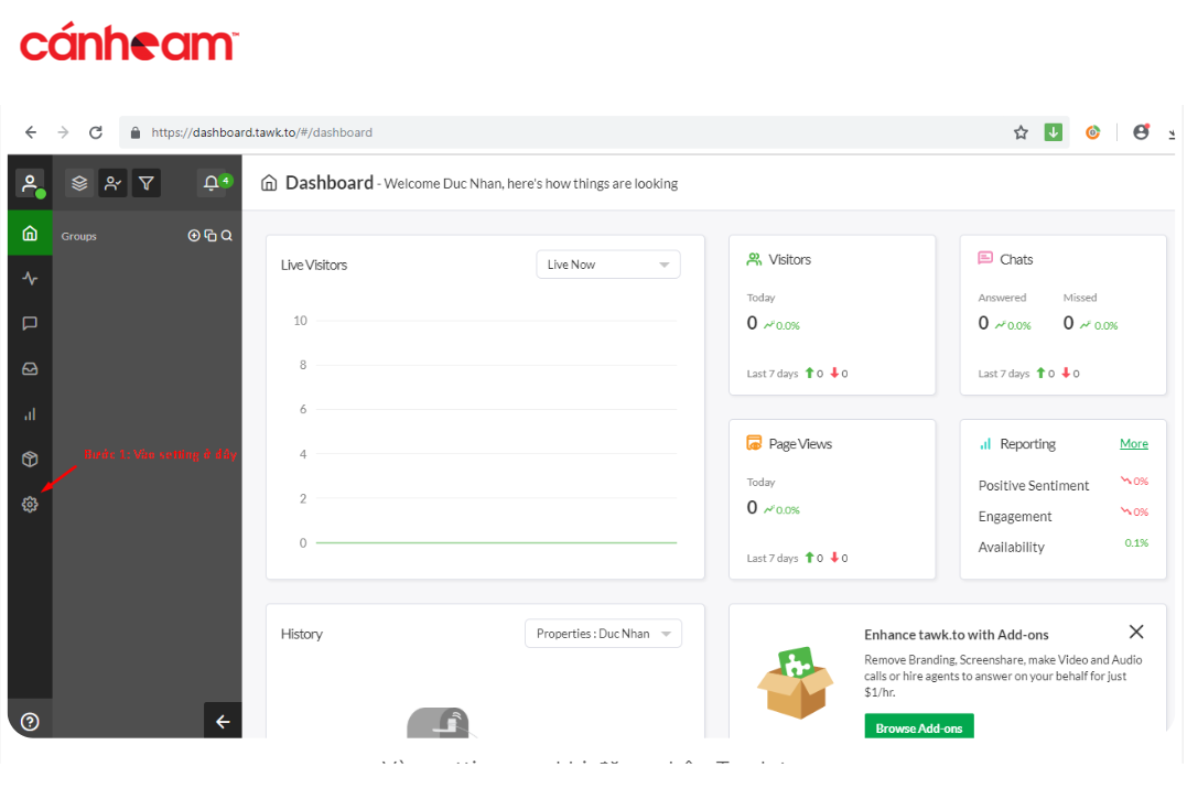 Vào phần cài đặt sau khi đăng nhập Tawk.to