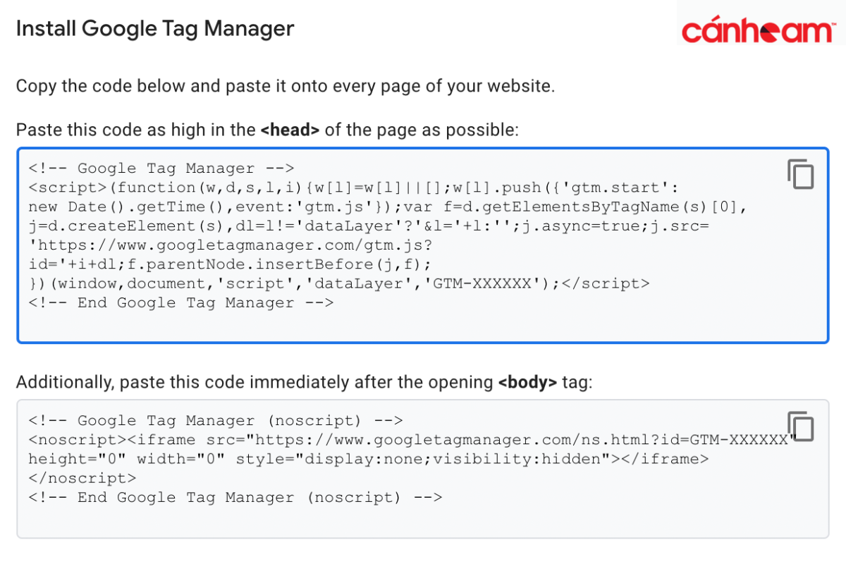 GTM sẽ gửi cho bạn 2 đoạn mã code đầu tiên và thứ hai