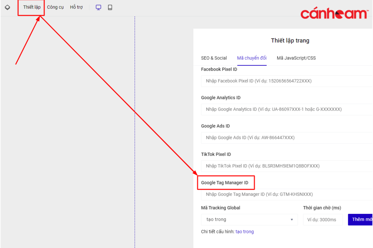 Tại Thiết lập dán mã phần Google Tag Manager ID