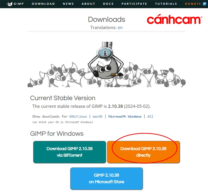 tải GIMP trực tiếp tại trang chủ, Download GIMP directly