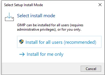 cài đặt GIMP Chọn Install for all user recommended