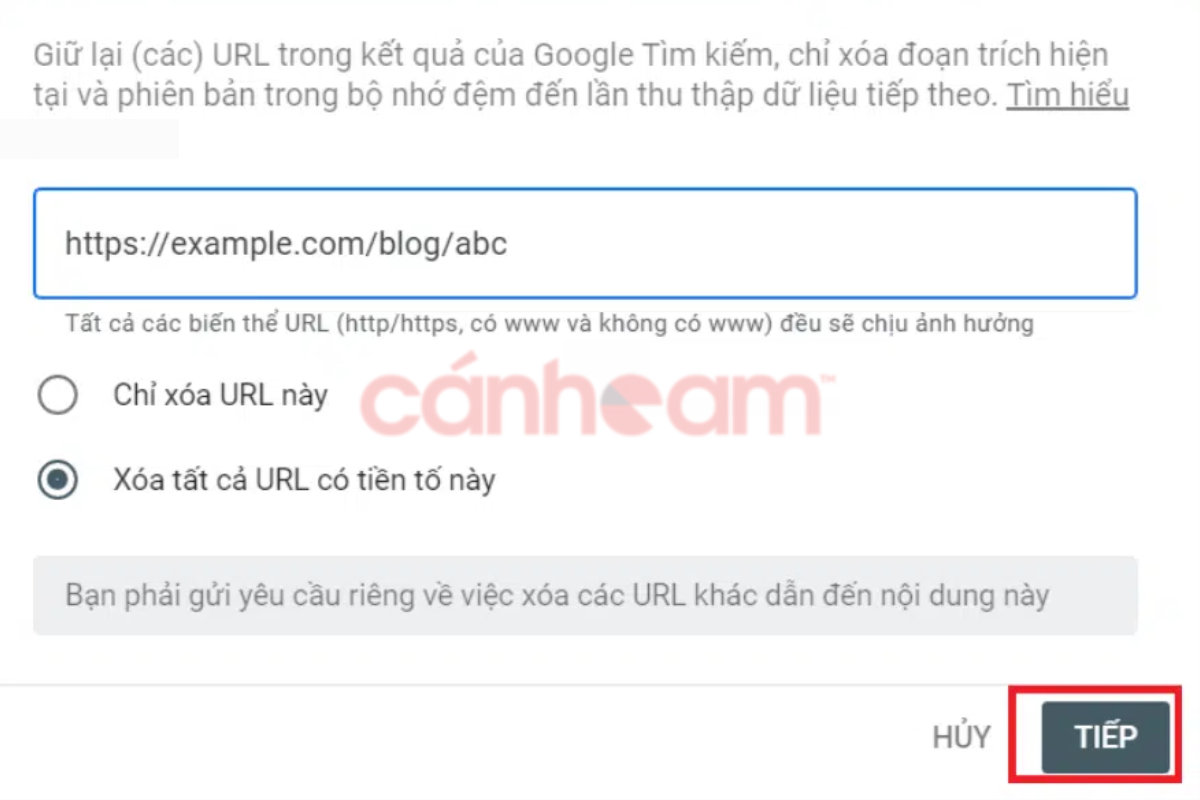 Nhập URl, ví dụ https://example.com/blog/abc => Nhấn “Tiếp” 