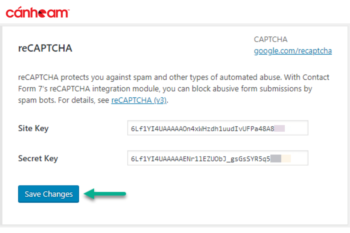 Tiếp, dán Site Key và Secret Key Google reCAPTCHA vào click chọn Save Changes