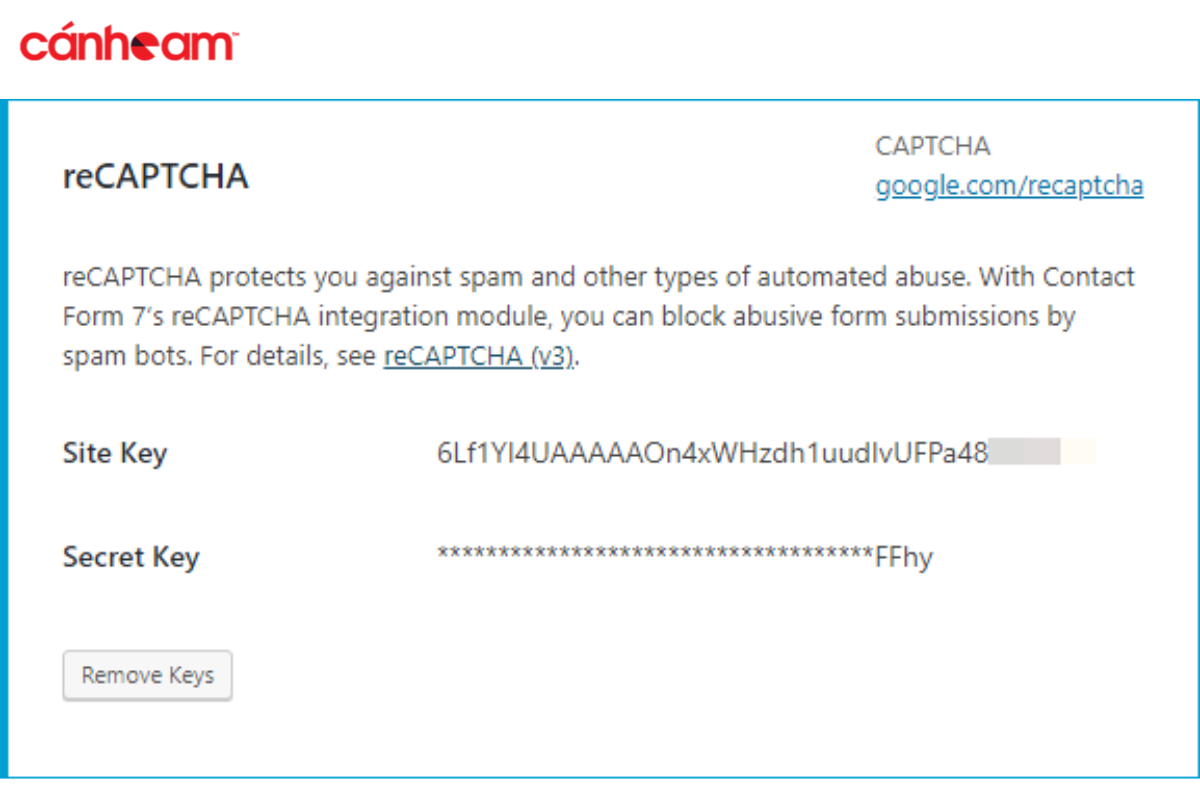 Chọn Remove Keys nếu như huỷ bỏ cài đặt reCAPTCHA