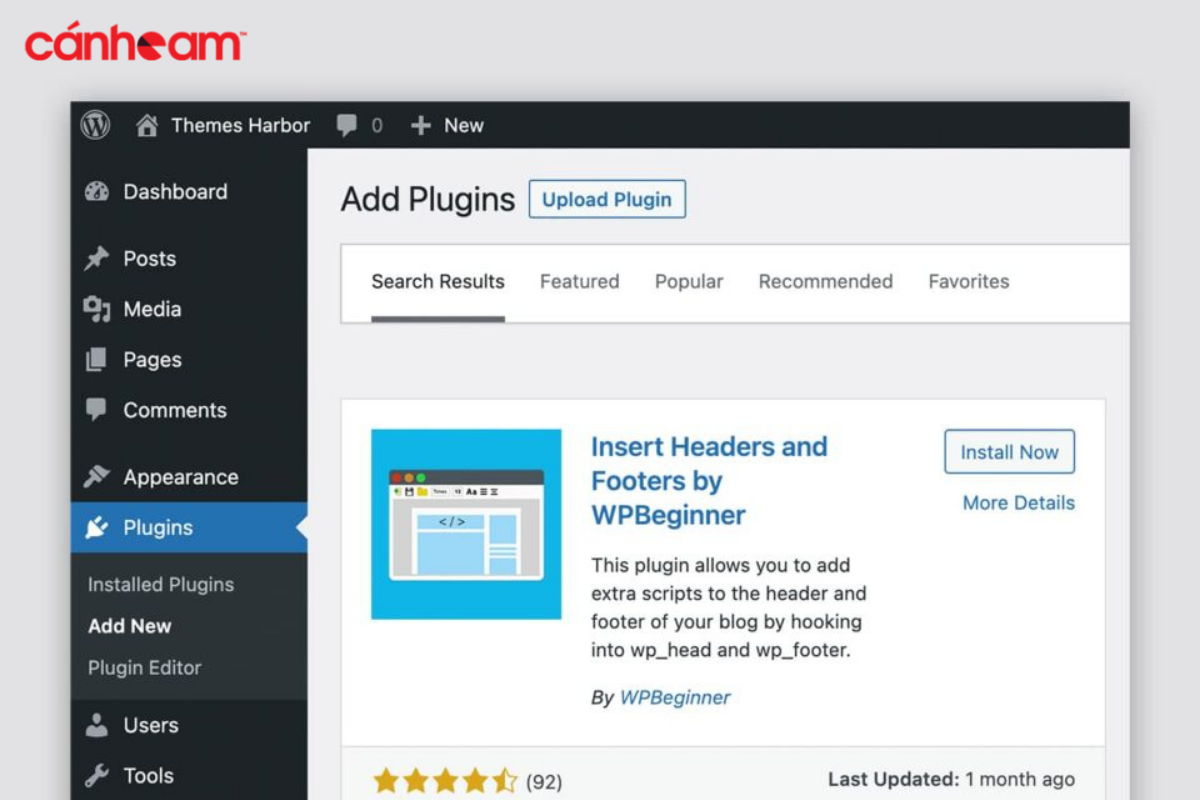 Tìm kiếm ‘Insert Headers and Footers’ trong mục Plugins góc bên trái