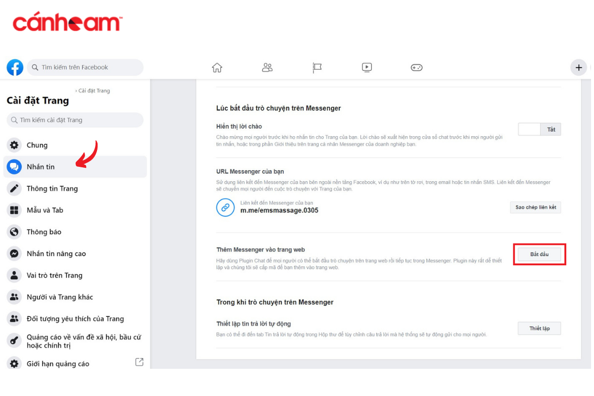 Tiếp tục các bước thiết lập Messenger vào trang web