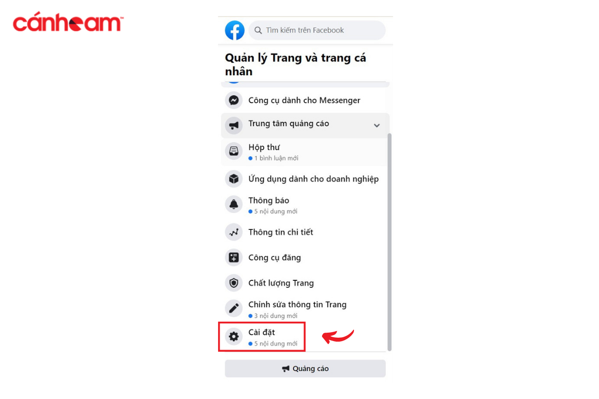 Chọn ‘Cài đặt’ trong trang Fanpage Facebook