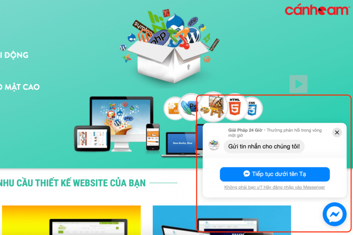 Hình ảnh  tích hợp Messenger vào website thành công