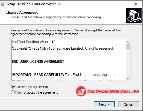 Hướng dẫn cài đặt MiniTool Partition Wizard chọn I accept the agreement và next