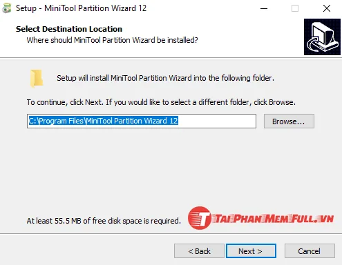 Hướng dẫn cài đặt MiniTool Partition Wizard chọn để mặc định nơi cài đặt Select Destination Location